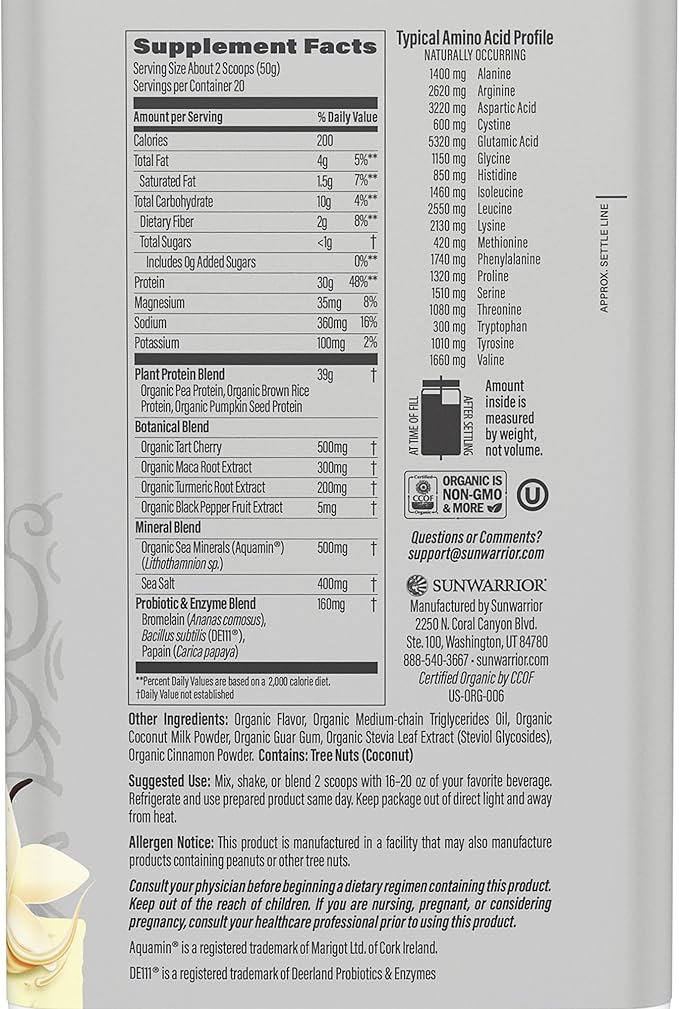 Sunwarrior Organic Plant Based Protein Powder | Vegan Organic Protein Powder with BCAA Amino Acids Plus Recovery Minerals & Botanicals | Non-GMO Soy Dairy & Gluten Free (Vanilla, 20 Servings)
