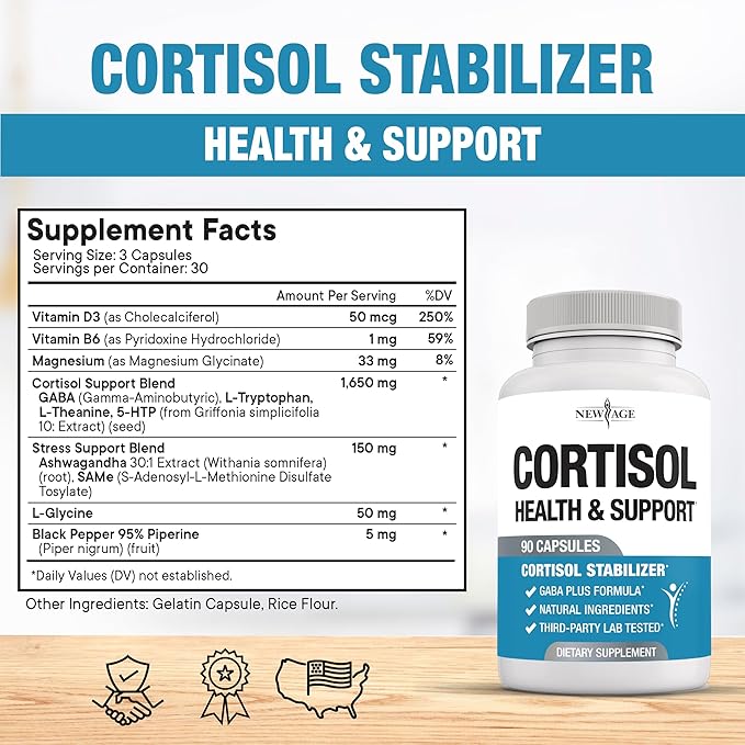 NEW AGE Cortisol Supplement for Women - Natural Cortisol Detox Manager Reducer - Ashwagandha, GABA, 5 HTP, L-Tryptophan, L-Theanine - 180 Count