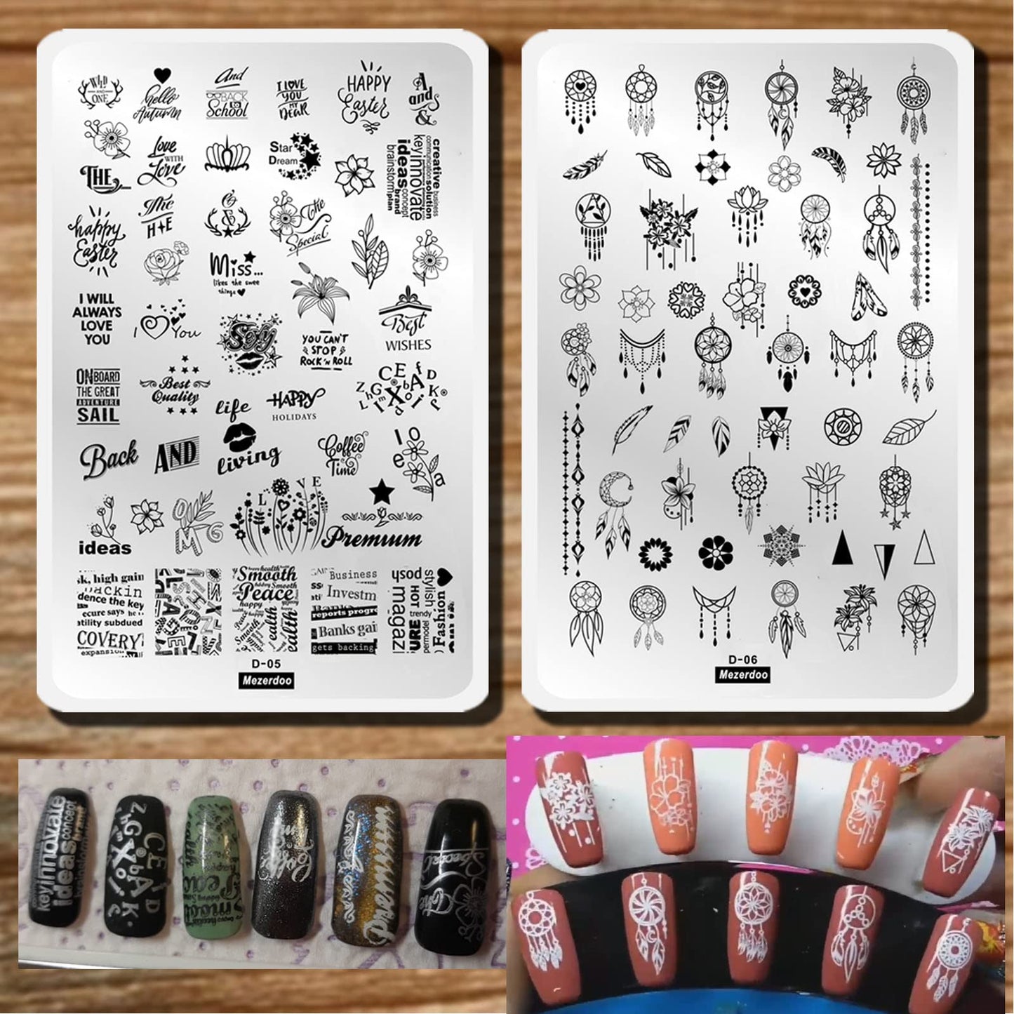 Flowers Leaf Love Nail Stamping Plate 2Pcs Dreamcatcher Feather Pendant Image Stamping Template Alphabet Letter Words Creative L