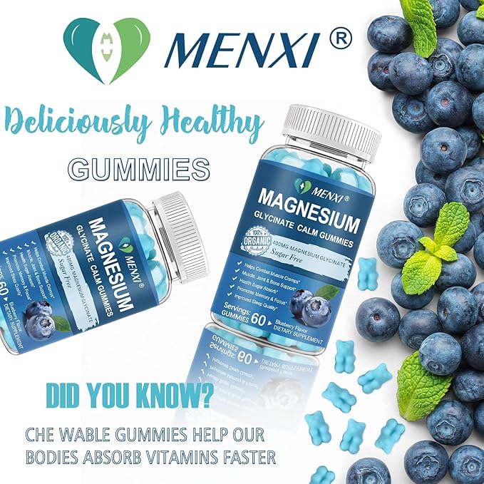 Magnesium Gummies 600mg per Serving-Magnesium Glycinate 400mg and Magnesium Malate 200mg,Sugar Free Magnesium Potassium Supplement for Calm Mood, Muscle, Bone & Sleep Support,60 Blueberry Gummies