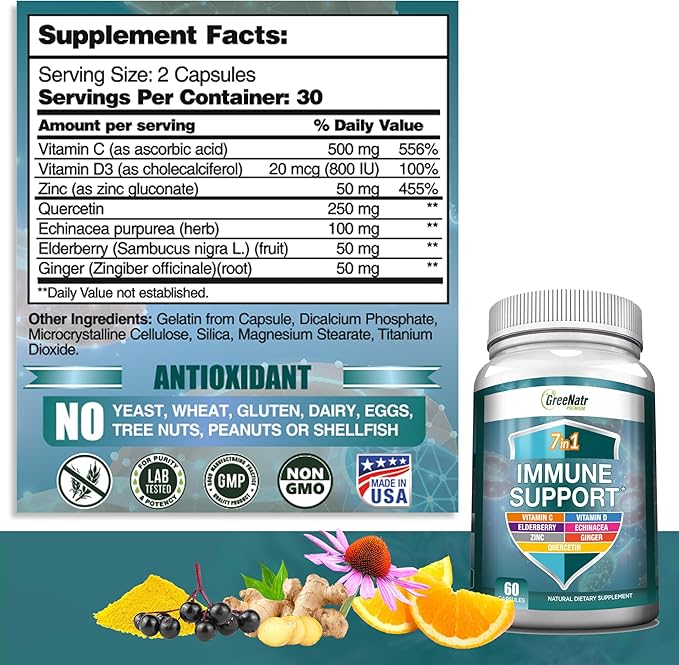 7 in 1 Immune Support Supplement with Vitamin C, D3, Zinc 50mg, Quercetin, Echinacea Purpurea, Sambucus Elderberry and Ginger for Complete Immune Defense - 60 Capsules (1 Bottle)