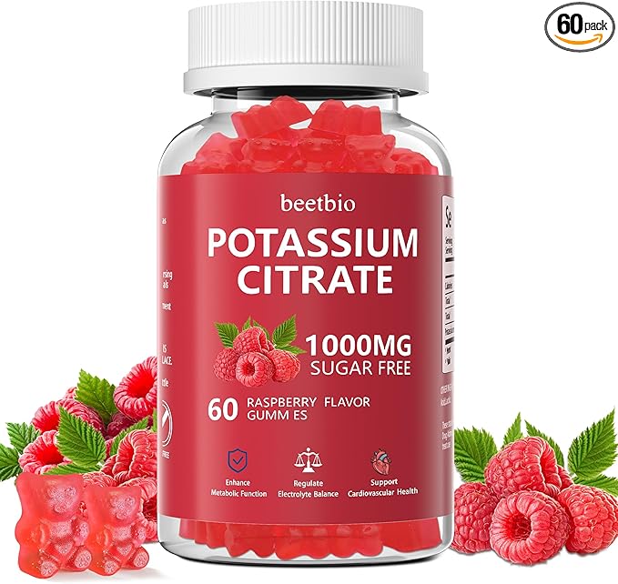 Potassium Citrate Gummies 1000mg, Chewable Potassium Citrate Supplement for Kids & Adults, Support Leg Cramps & Muscle Health, Sugar Free, Vegan, Raspberry Flavor (60Count)
