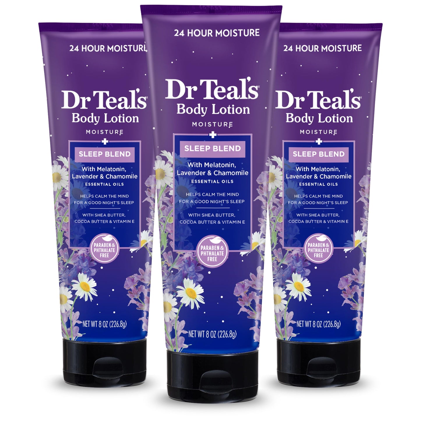 Dr Teal'S Sleep Body Lotion, 24-Hour Moisture, With Melatonin, Lavender & Chamomile Essential Oils, 8 Fl Oz (Pack Of 3)(Packagin