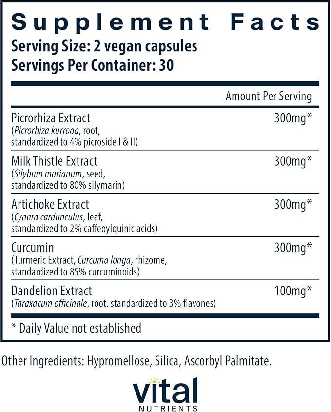 Vital Nutrients Liver Support II with Picrorhiza, Milk Thistle and Curcumin | Vegan Supplement | Herbal Combination to Support Healthy Liver Function* | Gluten, Dairy and Soy Free | 60 Capsules