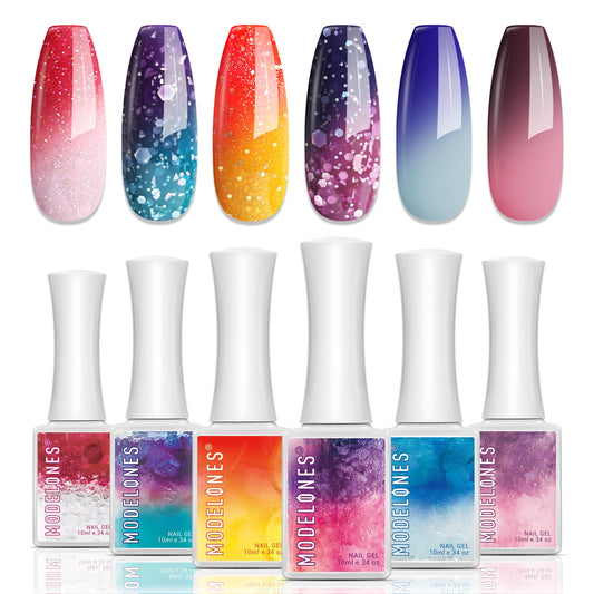 Modelones Color Changing Gel Nail Polish, 6 Colors Orange Blue Purple Pink Neon Mood Temperature Change Gel Polish Set Soak Off