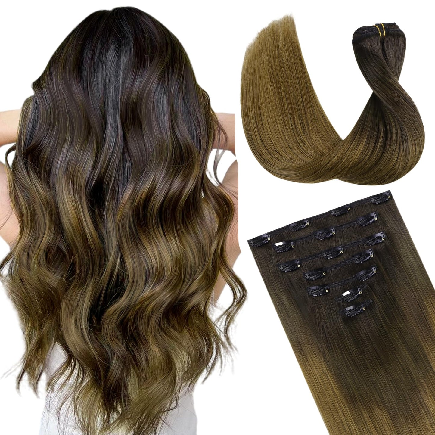 Doores Clip In Hair Extensions, Chocolate Dip Color Melt 16 Inch 120G 7Pcs, Real Human Hair Clip In Extensions Remy Natural Stra
