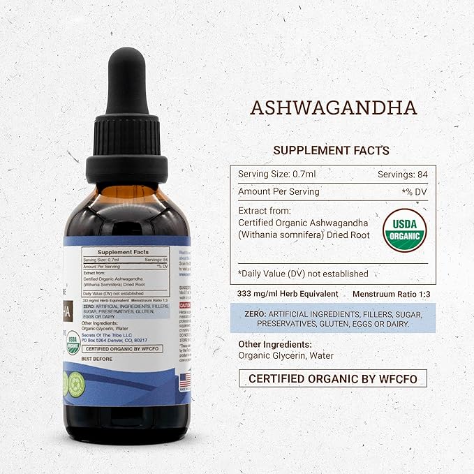 Ashwagandha USDA Organic | Alcohol-FREE Extract, High-Potency Herbal Drops, Reduces Stress, Promotes Relaxation | Made from 100% Certified Organic Ashwagandha (Withania Somnifera) Dried Root 2 oz