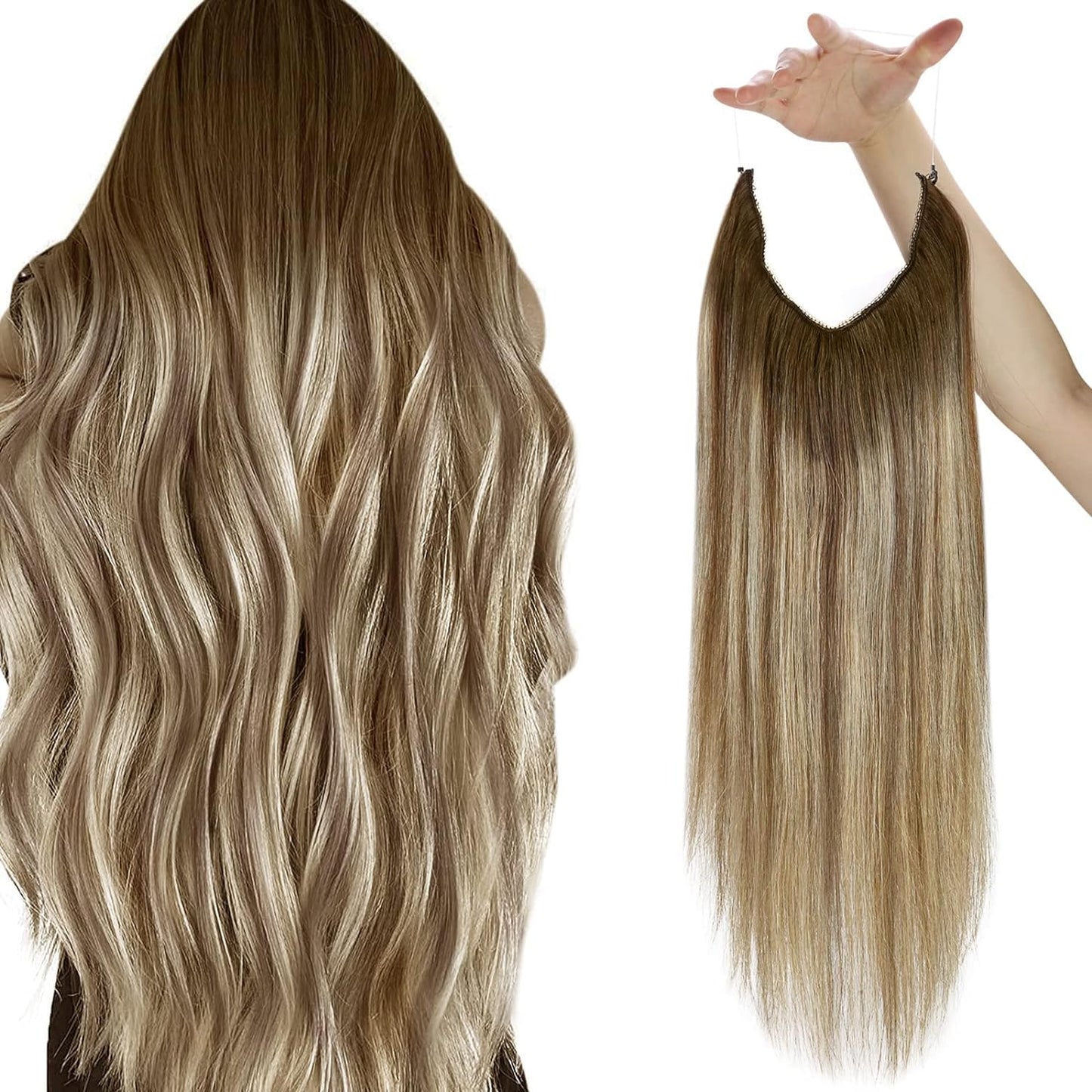 Sunny Invisible Wire Hair Extensions 12Inch Ombre Fishing Line Hair Extensions Human Hair Medium Brown Balayage Platinum Blonde