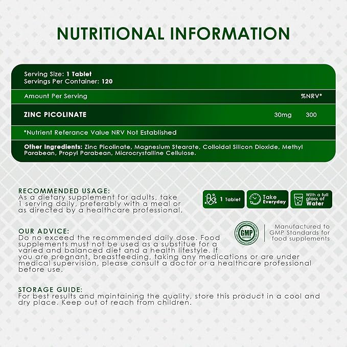 Ambrosial Zinc Picolinate 30mg Tablets Pack of 1-120 Tablets