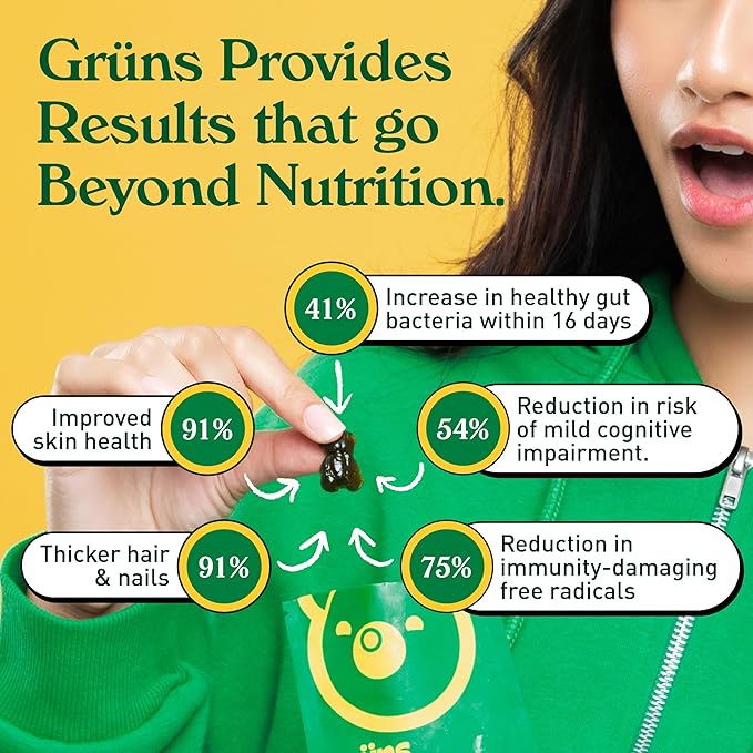 Gruns Adult Sugar-Free Super Greens Gummies, Superfood Gummy Bears with Spirulina, Chlorella, Fiber & Prebiotics for Digestive Health, Adaptogens Supplement with 20 Vitamins & Minerals, 28 Packets