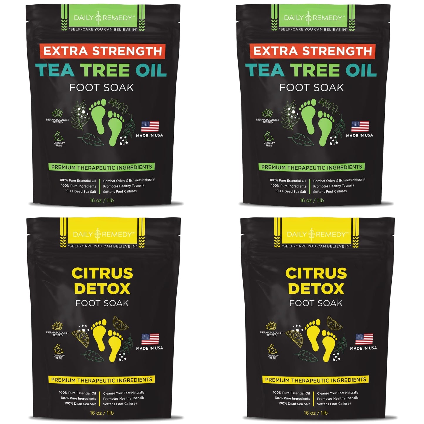 Daily Remedy 4-Pack Foot Soak Set - 2 Extra Strength Tea Tree Oil & 2 Citrus Detox - Made In Usa - Soothes Sore Tired Feet, Athl