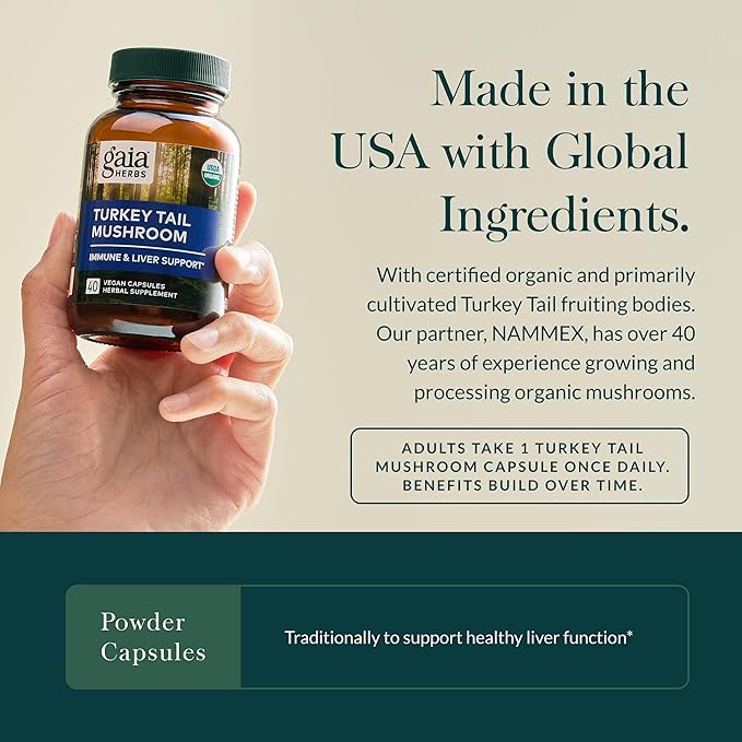 Gaia Herbs Turkey Tail Mushroom - Immune Support Supplement to Help Maintain Liver Health - with Organic Turkey Tail Mushroom Fruiting Body Extract - 40 Vegan Capsules