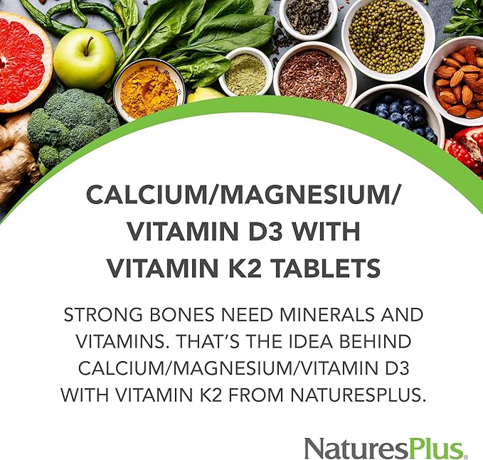 NaturesPlus Calcium/Magnesium/Vitamin D3 with Vitamin K2 - Supports Bone & Immune Health - Vegetarian, Gluten Free - 180 Tablets - 45 Servings