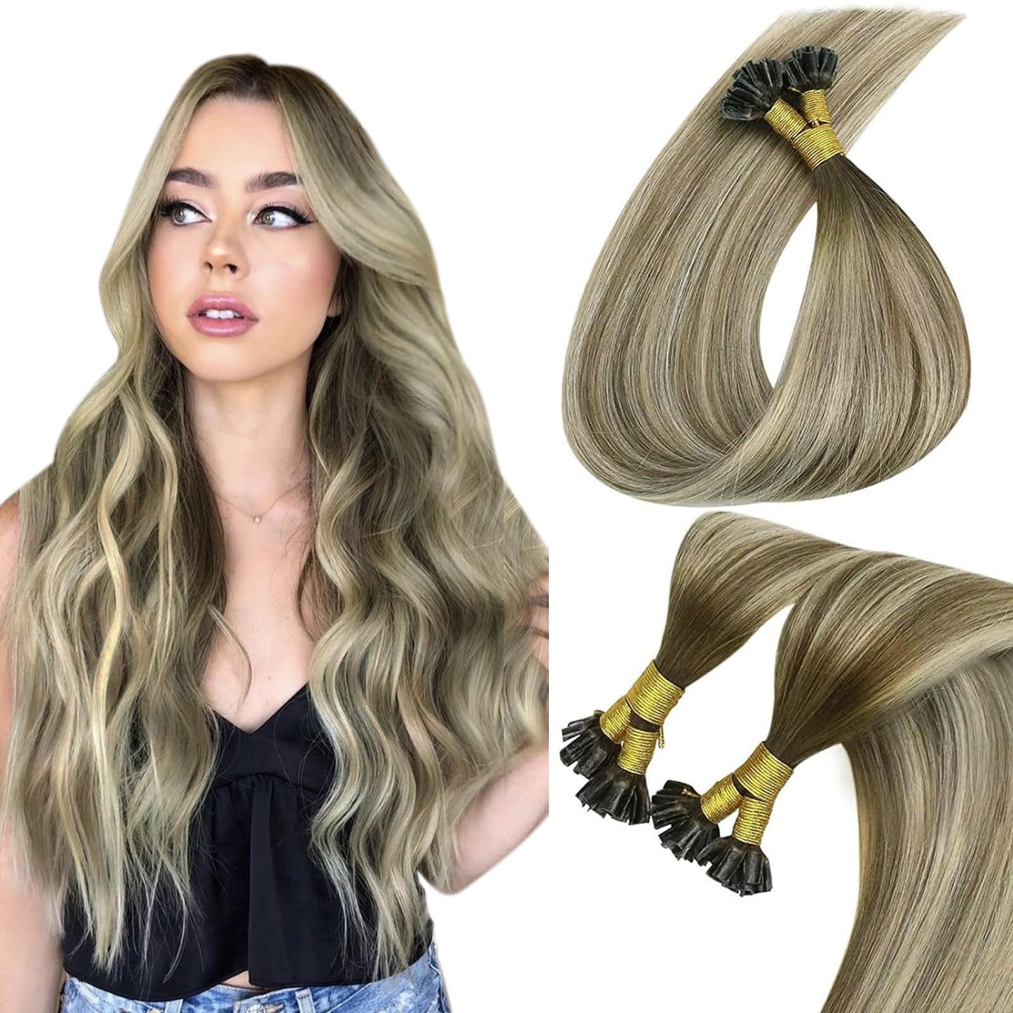 Sunny Hair U Tip Hair Extensions Human Hair Light Brown Balayage Light Blonde Ombre Dark Brown Utip Hair Extensions Balayage K T