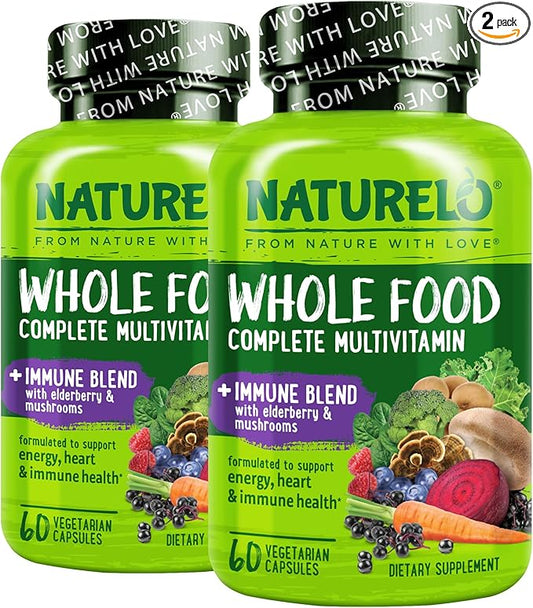 NATURELO Whole Food Multivitamin + Immune Blend with Elderberry & Mushrooms - Complete Multivitamin with Extra Immune Support - C, D3, Zinc, Elderberry, Reishi, Shitake, 60 Vegan Capsules (Pack of 2)
