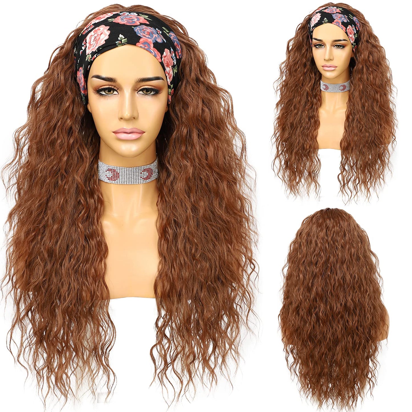 Somiarik Glueless Loose Curly Headband Wig Long Curly Bright Brown Wigs For Black Women None Lace Front Wigs Natural Hairline Ma