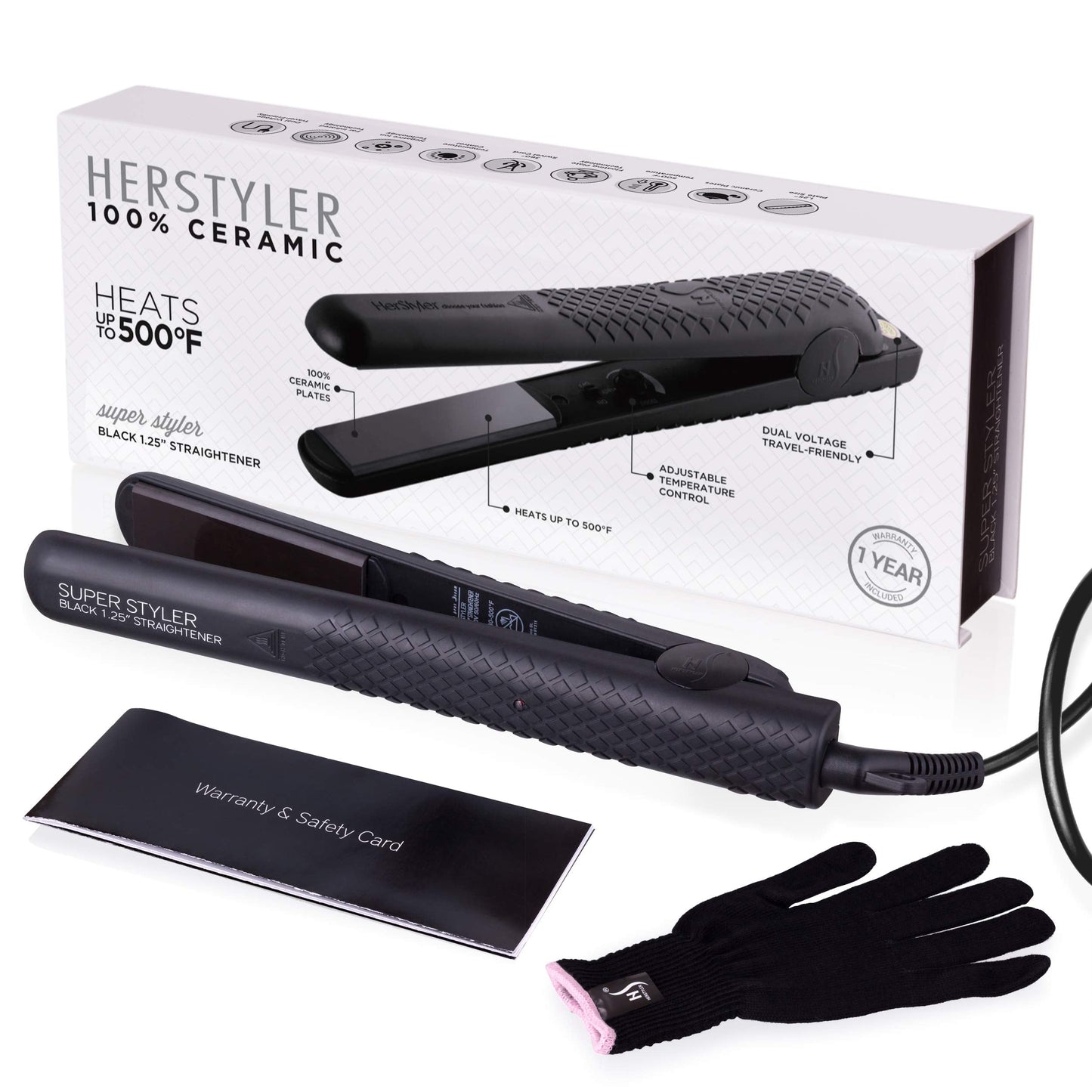 Herstyler Superstyler Onyx Ceramic Flat Iron, Ceramic Hair Straightener With Adjustable Temperature, Travel-Friendly Dual Voltag