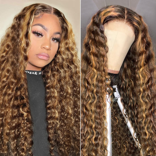 Highlight Lace Front Wigs Human Hair Deep Wave For Black Women 180% Density #4/27 Ombre Honey Blonde Colored Glueless Pre Plucke