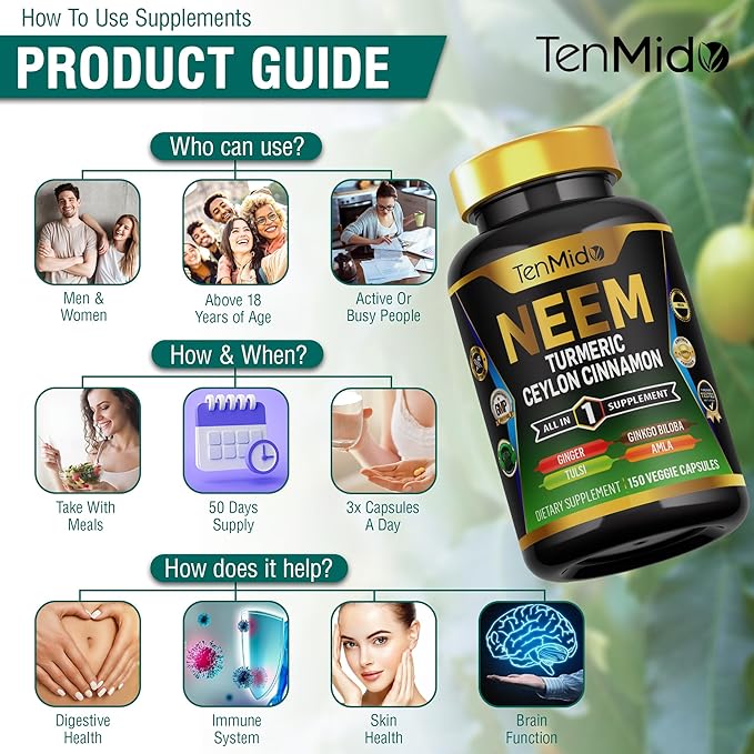 Neem Leaf Supplement - 8in1 Formula - Combine with Turmeric, Ceylon Cinnamon, Ginger, Tulsi, Ginkgo Biloba, Amla, and Black Pepper - Immune Health Support - 150 Vegan Capsules