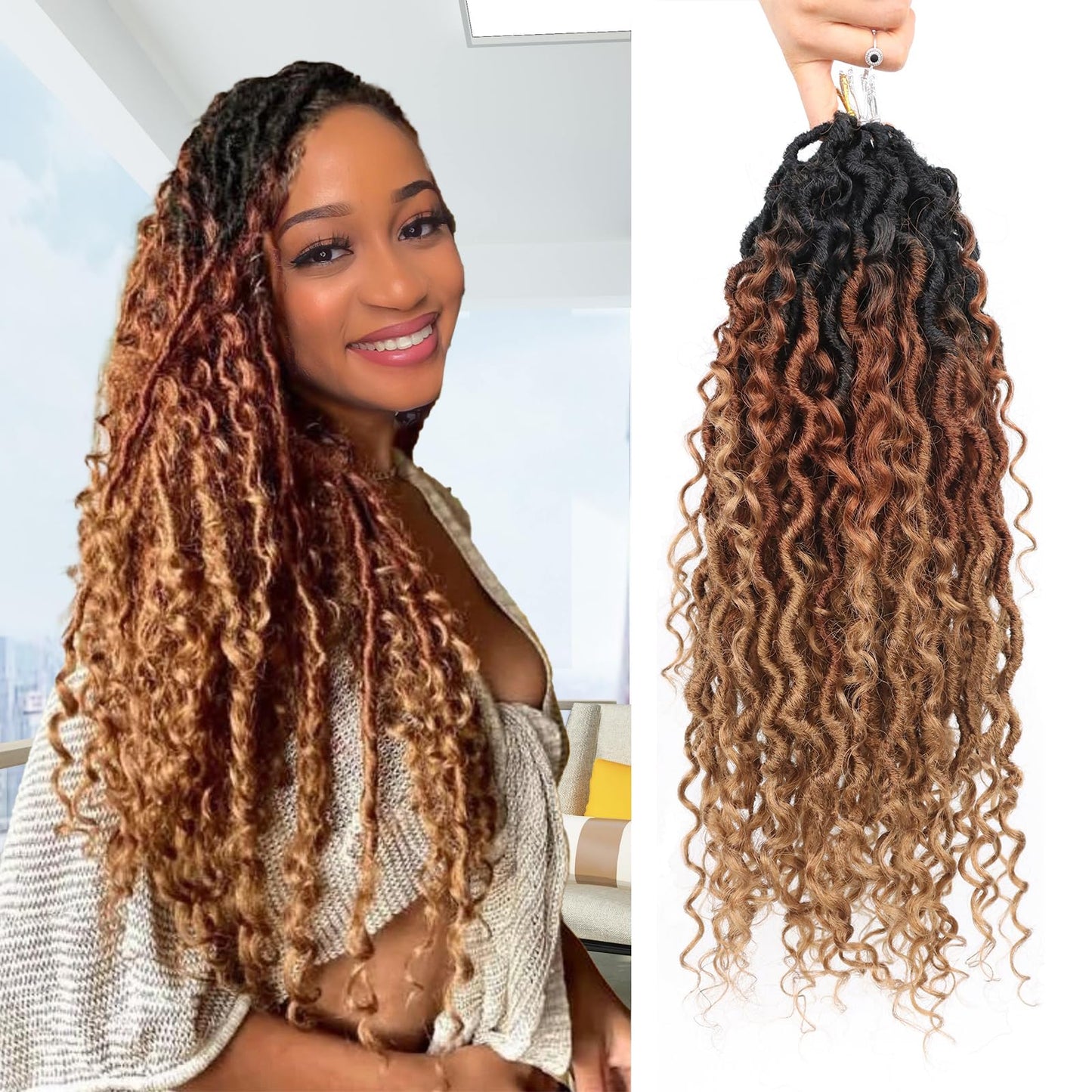 3 Tone Goddess Locs Crochet Hair 18 Inch Curly Goddess Faux Locs Crochet Hair Faux Locs Crochet Hair For Black Women River Locs
