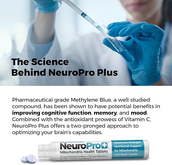 Best 365 Labs NeuroPro+ Maximum Strength Mitochondria Health Tablets - Methylene Blue and Vitamin C - Fast Acting Neuro Support - Improve Focus and Memory - 60 Tablets
