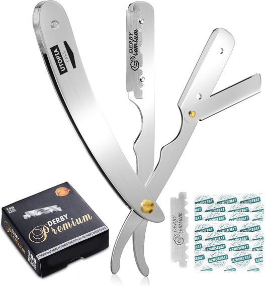 Utopia Care Professional Barber Straight Edge Razor Safety With 100-Pack Derby Blades - 100 Percent Stainless Steel (Silver)