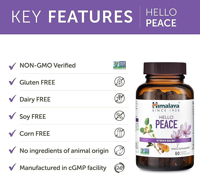 Himalaya Hello Peace, Daily Stress Relief Herbal Supplement, Ashwagandha, Turmeric, Saffron, Eases Nervousness, Relaxation and Calm, Balances Cortisol, Non-GMO, Vegan, 60 Capsules, 30 Day Supply