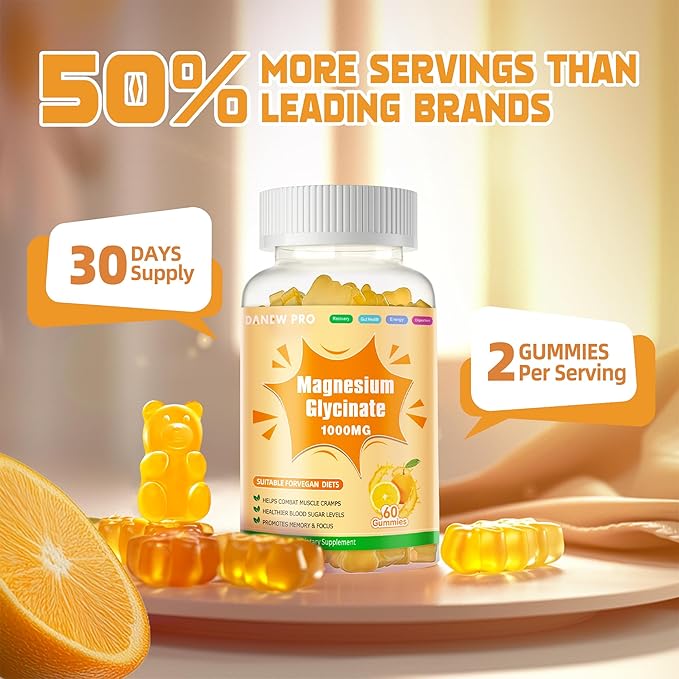 Magnesium Glycinate Gummies 1000mg - Sugar Free Magnesium Potassium Supplement with Vitamin D, B6, CoQ10 for Calm Mood & Sleep Support - 60 Orange Gummies