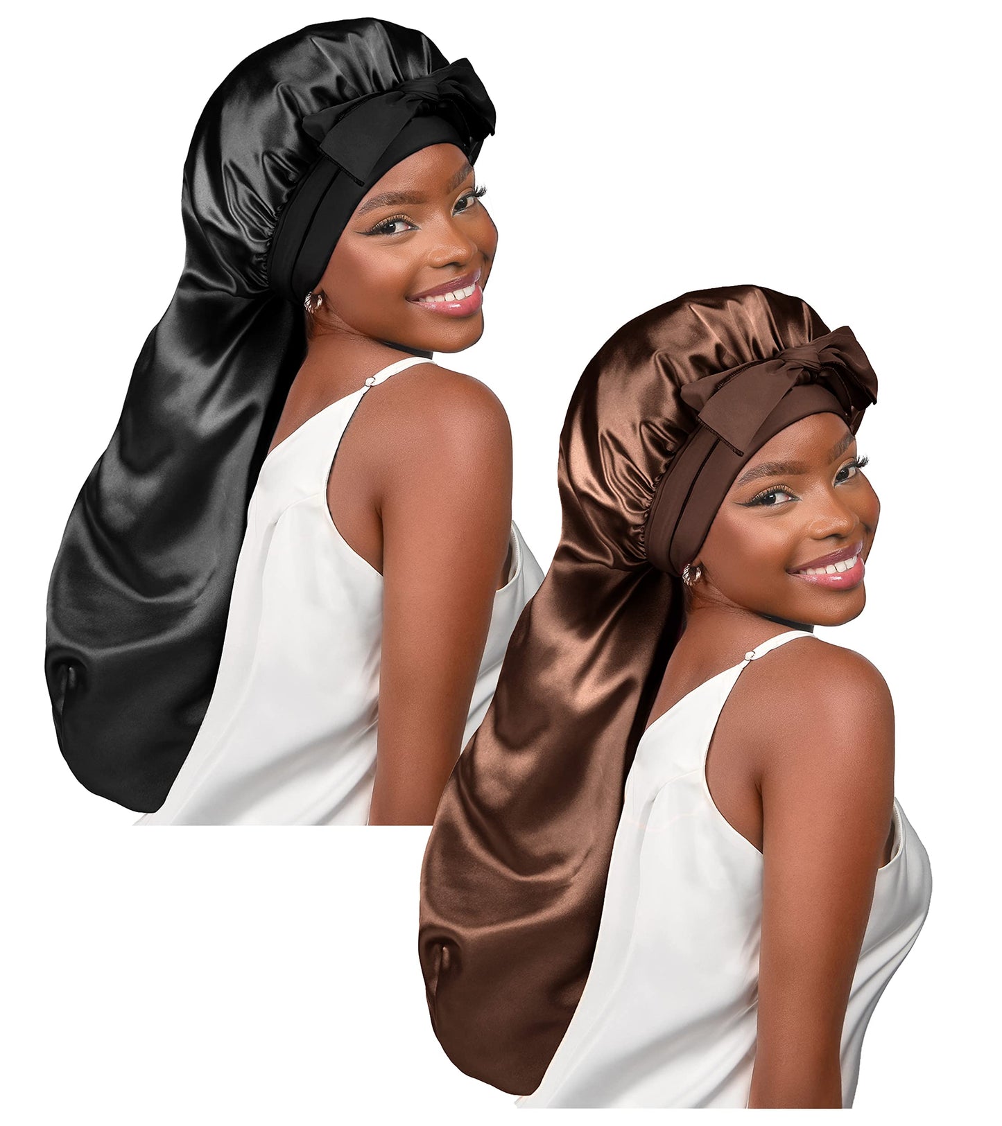 Yanibest 2Pcs Silk Bonnet For Sleeping Braid Bonnet For Long Hair With Tie Band Bonnet For Braids For Black Women Curly Hair Loc