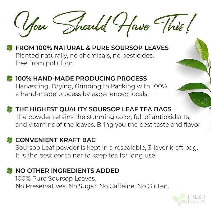 FRESHDRINKUS 4.5oz Soursop Leaf Powder, 100% Natural and Pure from Soursop Graviola Leaves, Soursop Leaf Tea, No Additives, No Gluten, No Sugar, Vegan