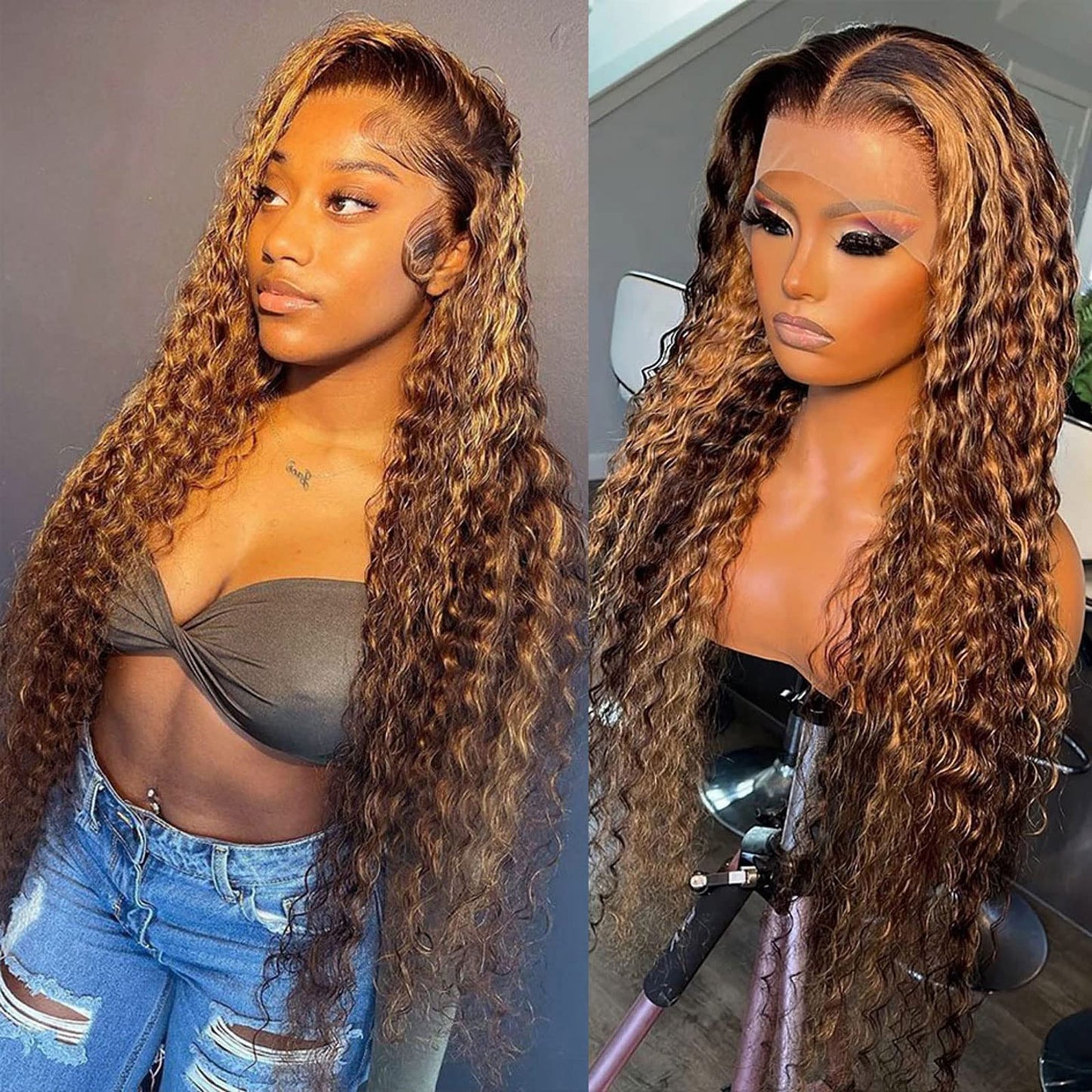 Daules Highlight Ombre 13X4 Deep Wave Hd Undetectable Transparent Lace Front Wigs Human Hair For Women 4/27 Color Honey Blonde C