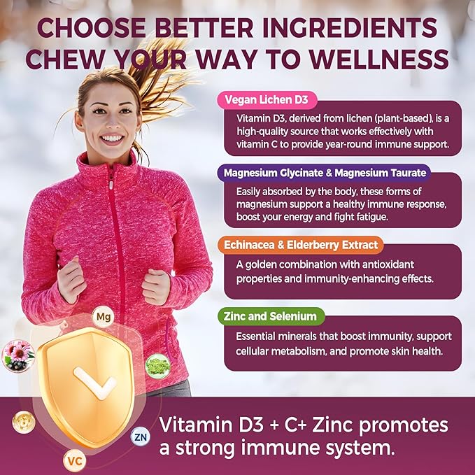 Vitamin C D3 Zinc Gummies for Adults w/Echinacea, Elderberry, Selenium, Magnesium，Vitamin D3 5000IU, Daily Immunity Booster Multivitamin Gummies, for Immunity Antioxidant Bone Energy，Vegan 2 Pack