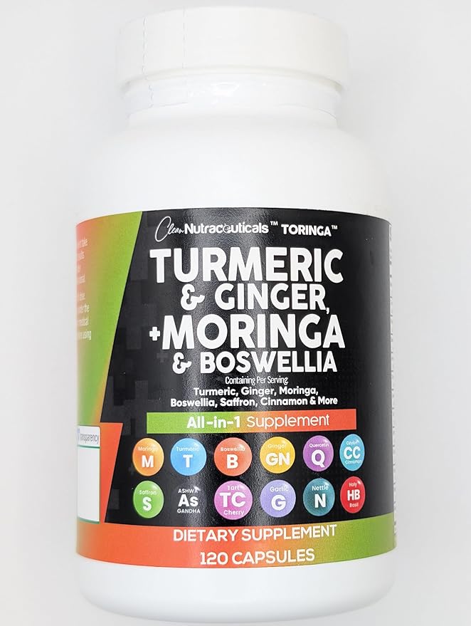 Clean Nutraceuticals Turmeric Moringa Supplement | Ginger Boswellia Saffron - Supplement for Women and Men with Ceylon Cinnamon, Tart Cherry, Quercetin Garlic Nettle Holy Basil - 1Pack