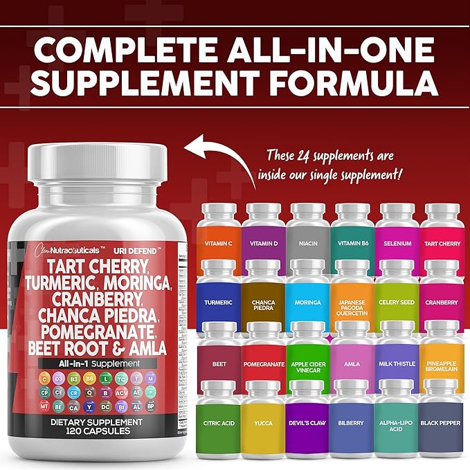 Clean Nutraceuticals Tart Cherry Extract Capsules with Turmeric Moringa Cranberry Chanca Piedra Celery Quercetin ACV Pomegranate L Selenomethionine - Uric Levels - 2Pack