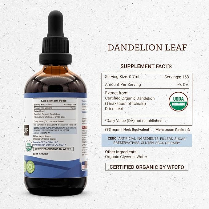 Dandelion Leaf USDA Organic | Alcohol-FREE Extract, High-Potency Herbal Drops, Digestive System | Made from 100% Certified Organic Dandelion Leaf (Taraxacum Officinale) Dried Leaf 4 oz