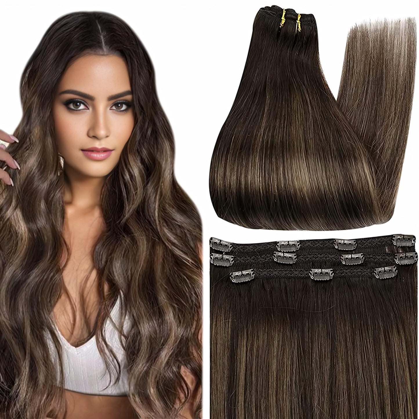 Full Shine 20 Inch Dark Brown Hair Extensions Clip In Human Hair Straight Invisible Clip In Hair Extensions Lace Weft Dark Brown