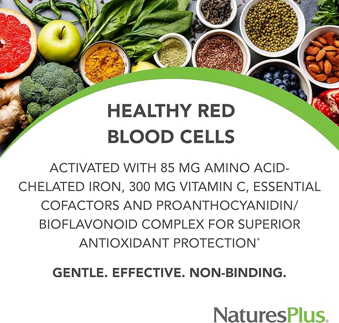 NaturesPlus Hema-Plex Iron - 60 Fast-Acting Capsules - 85 mg Chelated Iron + Vitamin C & Bioflavonoids for Healthy Red Blood Cells - Vegan, Gluten Free - 30 Servings