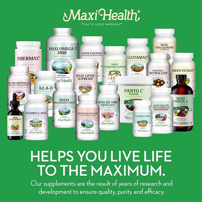 Maxi Health Maxi Fiber Kosher Daily Supplement 1500 mg Fiber Capsules with Psyllium Husk, Dietary Pills for Adults Capsules 180 Count (Pack of 1)