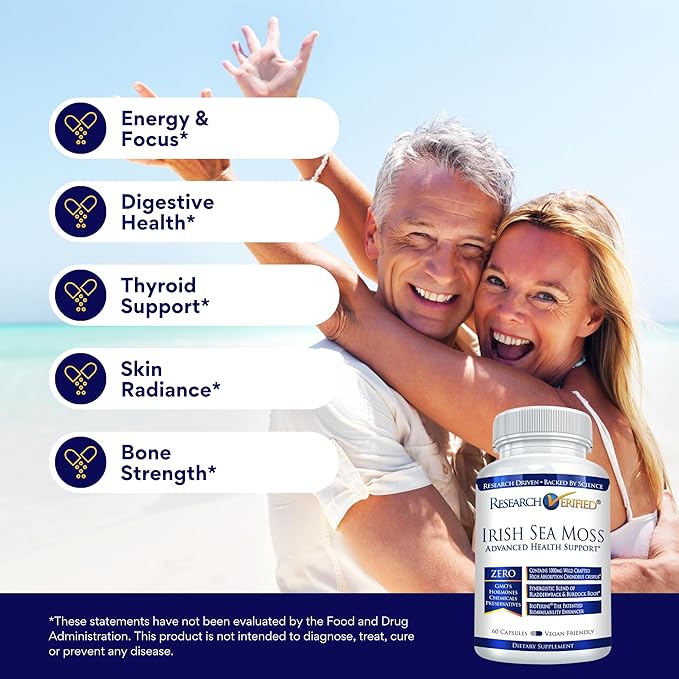 Research Verified Irish Sea Moss - Bladderwrack, Burdock, BioPerine - Rich in Prebiotics - Boost Immunity, Aid Digestion - 360 Capsules - Vegan - Made in The USA