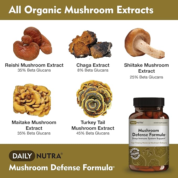 Mushroom Defense Formula - Immune Support Supplement | Organic Mushrooms, Hot Water Extracted - Reishi, Chaga, Maitake, Shiitake & Turkey Tail (60 Capsules)