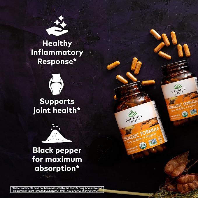 ORGANIC INDIA Turmeric Curcumin with Black Pepper - Organic Turmeric Supplement and Curcumin Supplement, Turmeric Capsules, Joint Support & Immune System Support, Whole Root, Trikatu - 180 Capsules