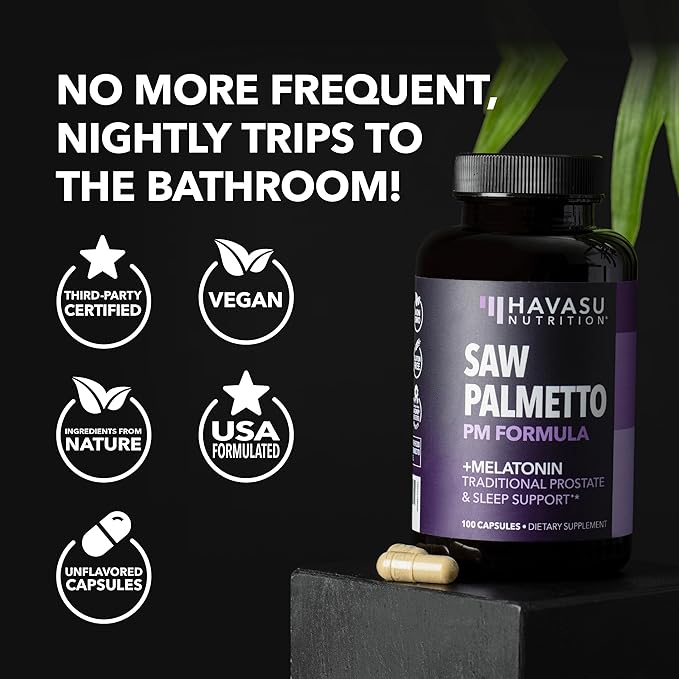 Saw Palmetto PM for Men with Melatonin 3mg - Night Time Prostate Health Supplement for Bladder and Sleep Support - Reduce Urinary Frequency - 100 Count - Vegan, Non-GMO Capsules - Over 3 Month Supply