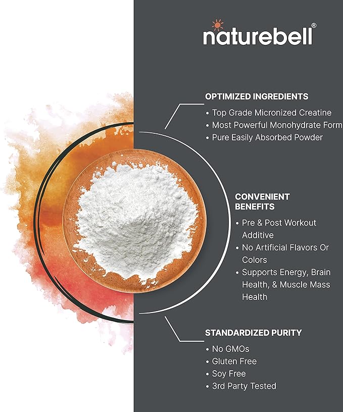 NatureBell Instant Creatine Monohydrate Powder 500 Grams, 5000mg Per Serving, Unflavored Micronized Creatine Powder - Pre Workout | Keto | Vegan | Dissolves Easy | Filler Free - 100 Servings (1.1Lb)