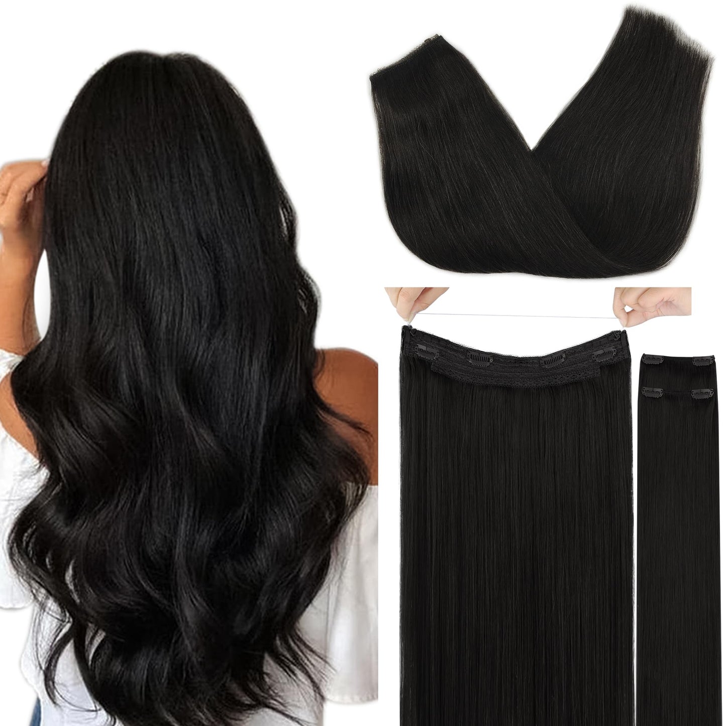 Goo Goo Wire Hair Extensions Human Hair, 1B Natural Black Natural 12Inch 100G, Invisible Wire Hair Extensions With Transparent,