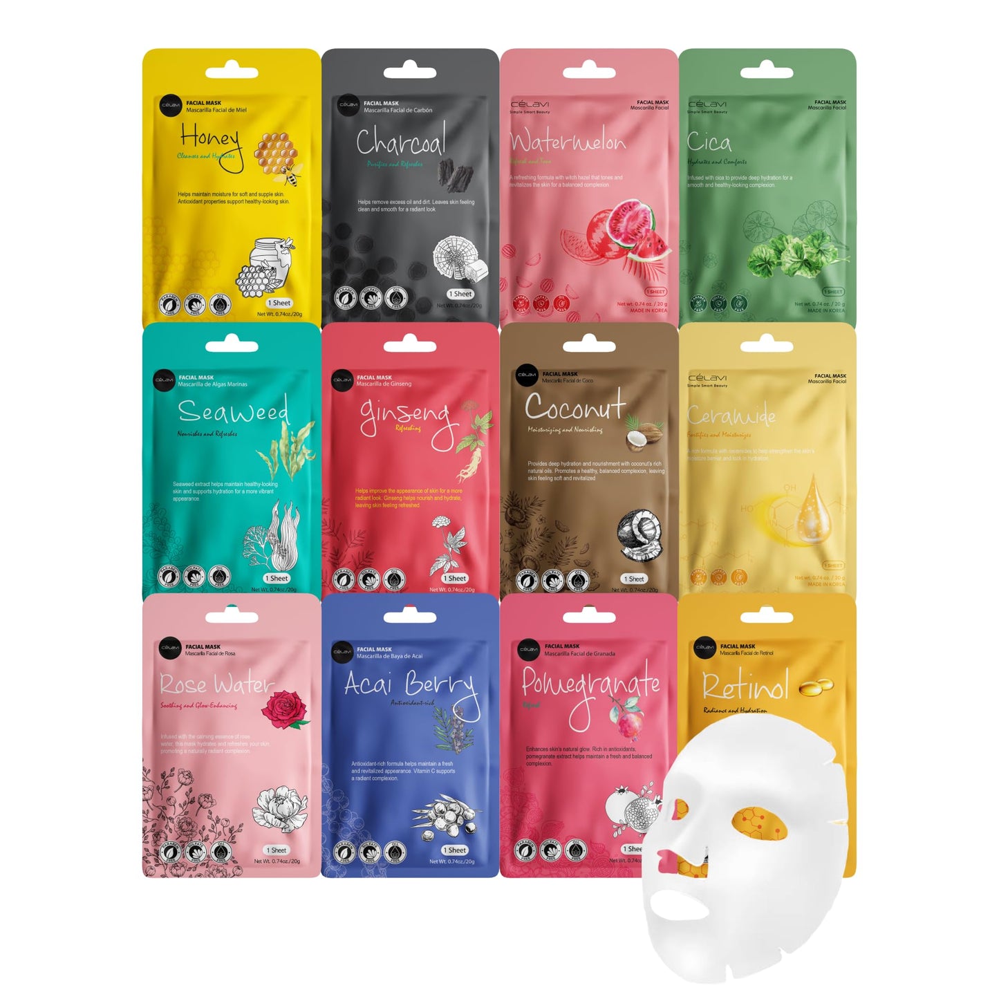 Celavi K-Beauty Skincare Essence Facial Face Mask Korea Skin Care Moisturizing B Set 24 Pack