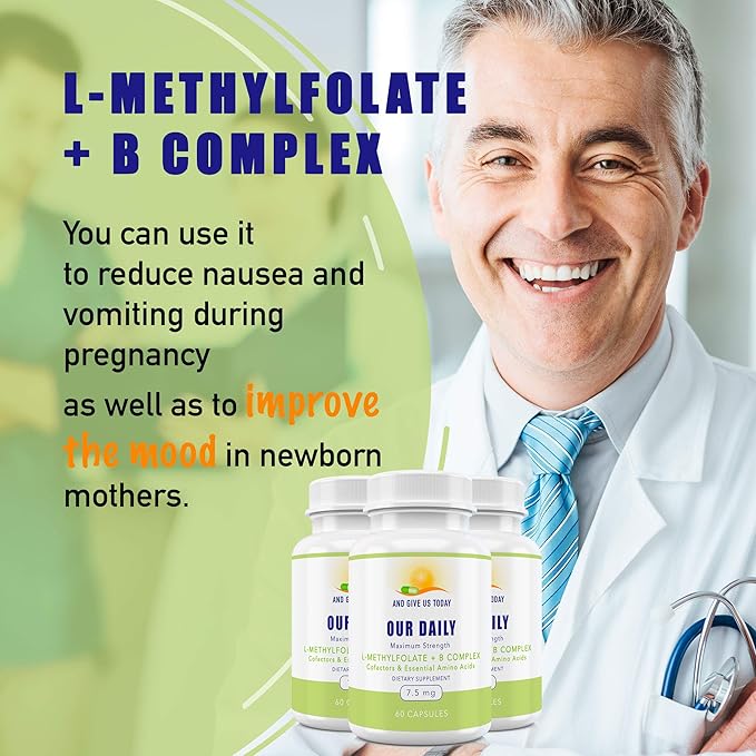 Our Daily Vites L-Methylfolate B Complex Cofactors & Essential Amino Acids (7.5mg) - Active Folate, Methylated B12 Methylcobalamin, B6 and Glycine - 60 Count