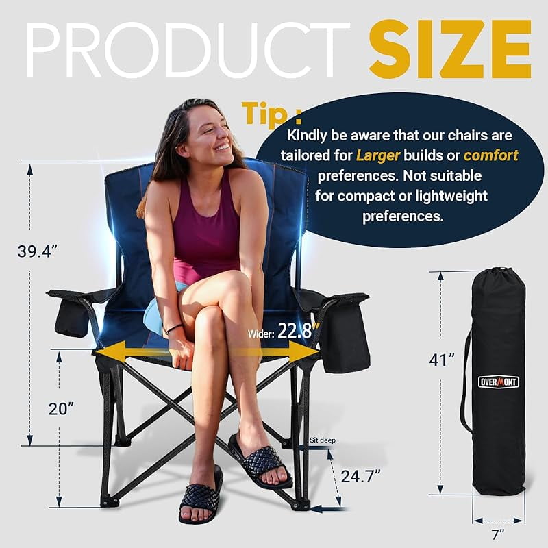 Oversized Folding Camping Chair - 450lbs Support with Padded Cushion Cooler Pockets - Heavy Duty Collapsible Chairs for Sports Garden Beach Fishing