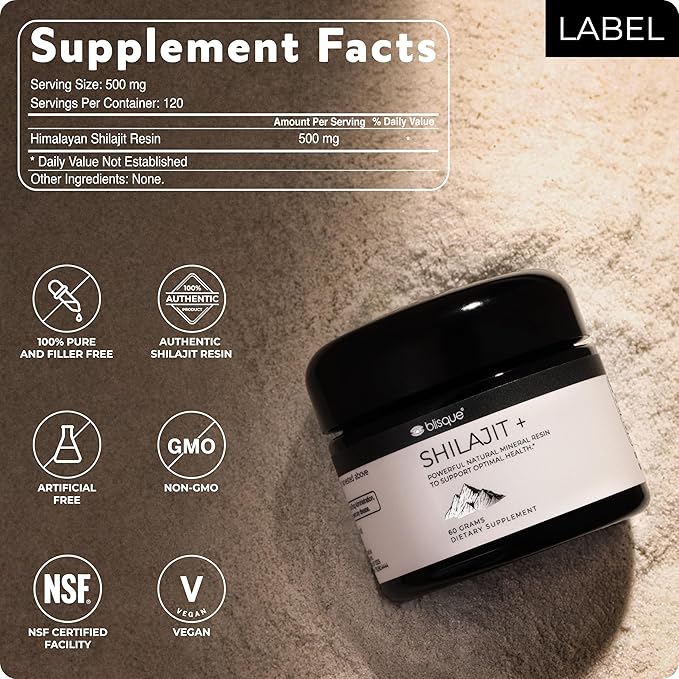 Blisque – Pure Himalayan Organic Shilajit Resin Supplement | Authentic and Natural | Golden Grade A | Contains Fulvic Acid and Trace Minerals | 60 Grams