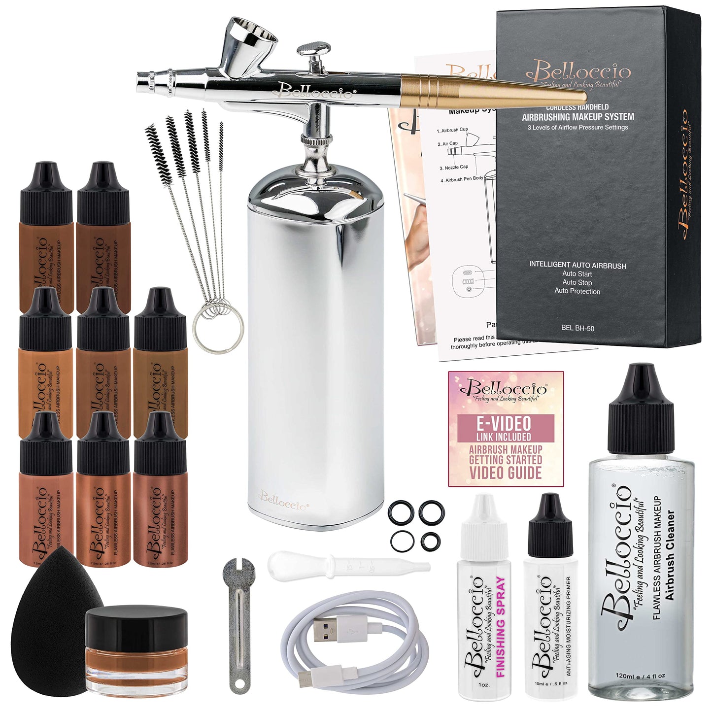 Belloccio Complete Cordless Handheld Airbrush Cosmetic Makeup System With 5 Dark Foundation Shades, Professional 18-Piece Kit, M
