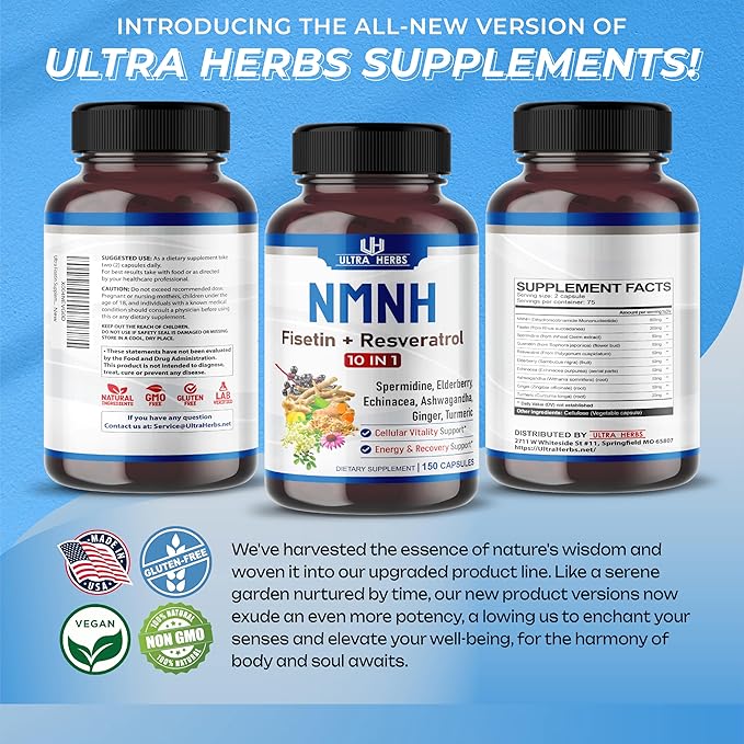 NMNH 10-in-1 – Fisetin, Resveratrol, Spermidine, Elderberry, Ashwagandha, Echinacea, Ginger, Turmeric – Cellular Health & Energy – 150 Capsules – Made in USA